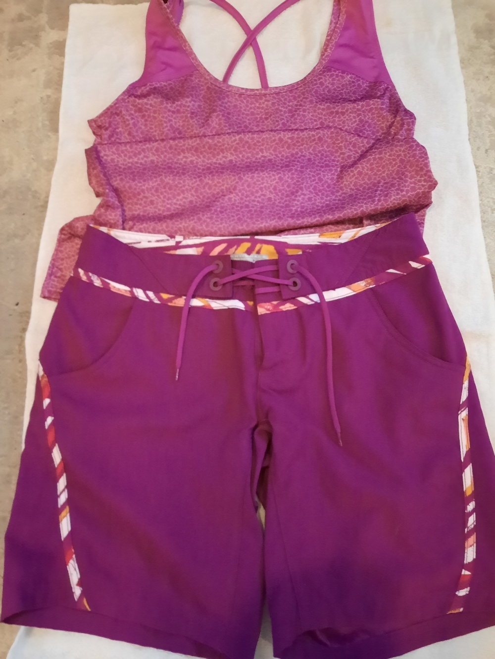 Columbia Purple Drawstring Active Shorts with Patterned Trim